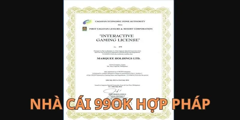 CAGAYAN - Chứng chỉ cực uy tín mà 99ok đang sở hữu